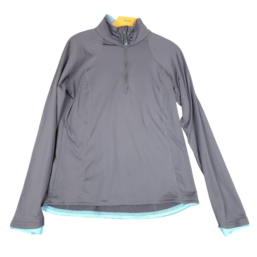 LLBean Gray Quarter Zip Pullover Athletic Top Women's M Long Sleeve Blue Trim